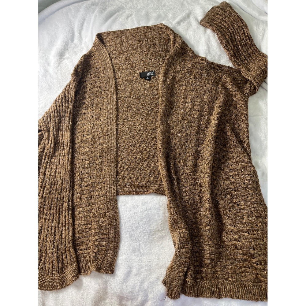 ANA A New Approach Bronze Metallic Open Knit Cardigan Sweater Brown L M in USA
